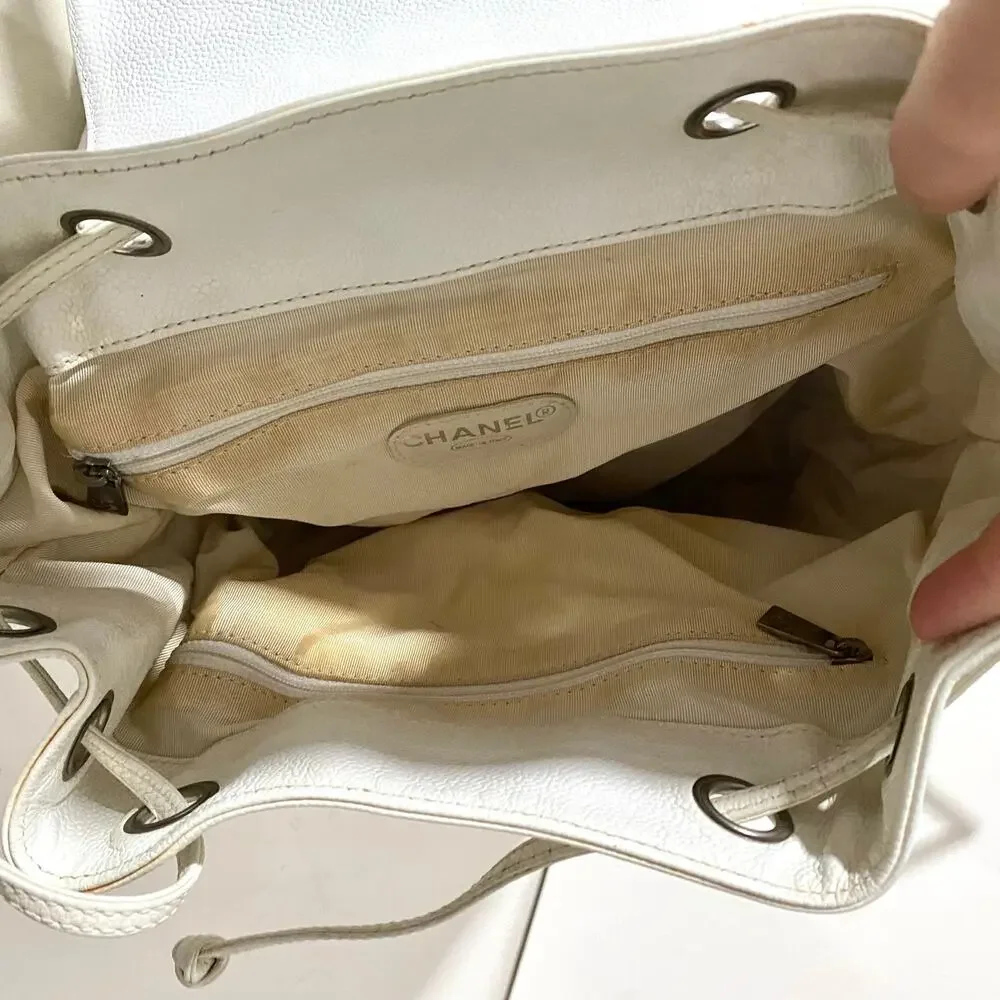 Chanel CC Caviar Leather Vintage Large White Backpack Travel Bag Carryall 90's